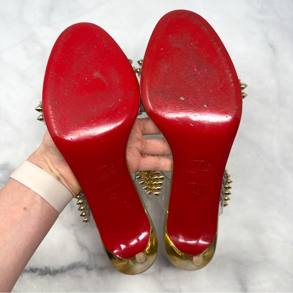 Christian Louboutin Spikes Only PVC Chrome Open Toe Mule Sandal Heels Gold 42 - Picture 12 of 16